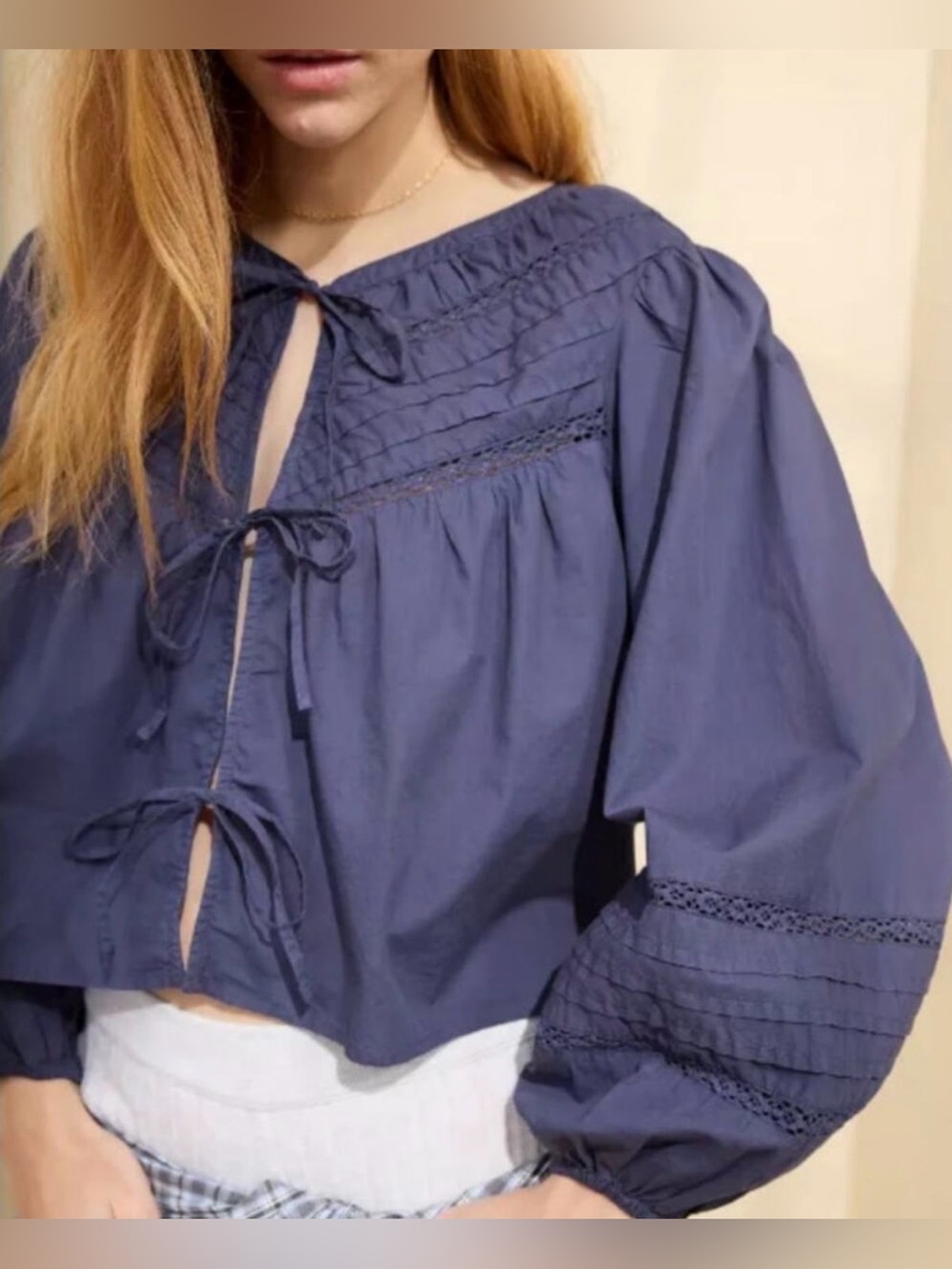 AERIE Blue Eyelet Tie Front Top Puff Sleeve Cottagecore Womens Medium